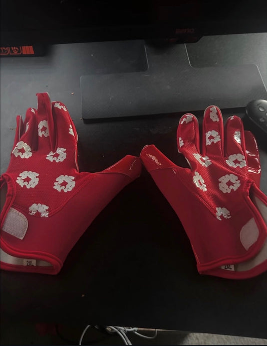 Battle Sports “Denim tears” football receiver gloves in a red colorway