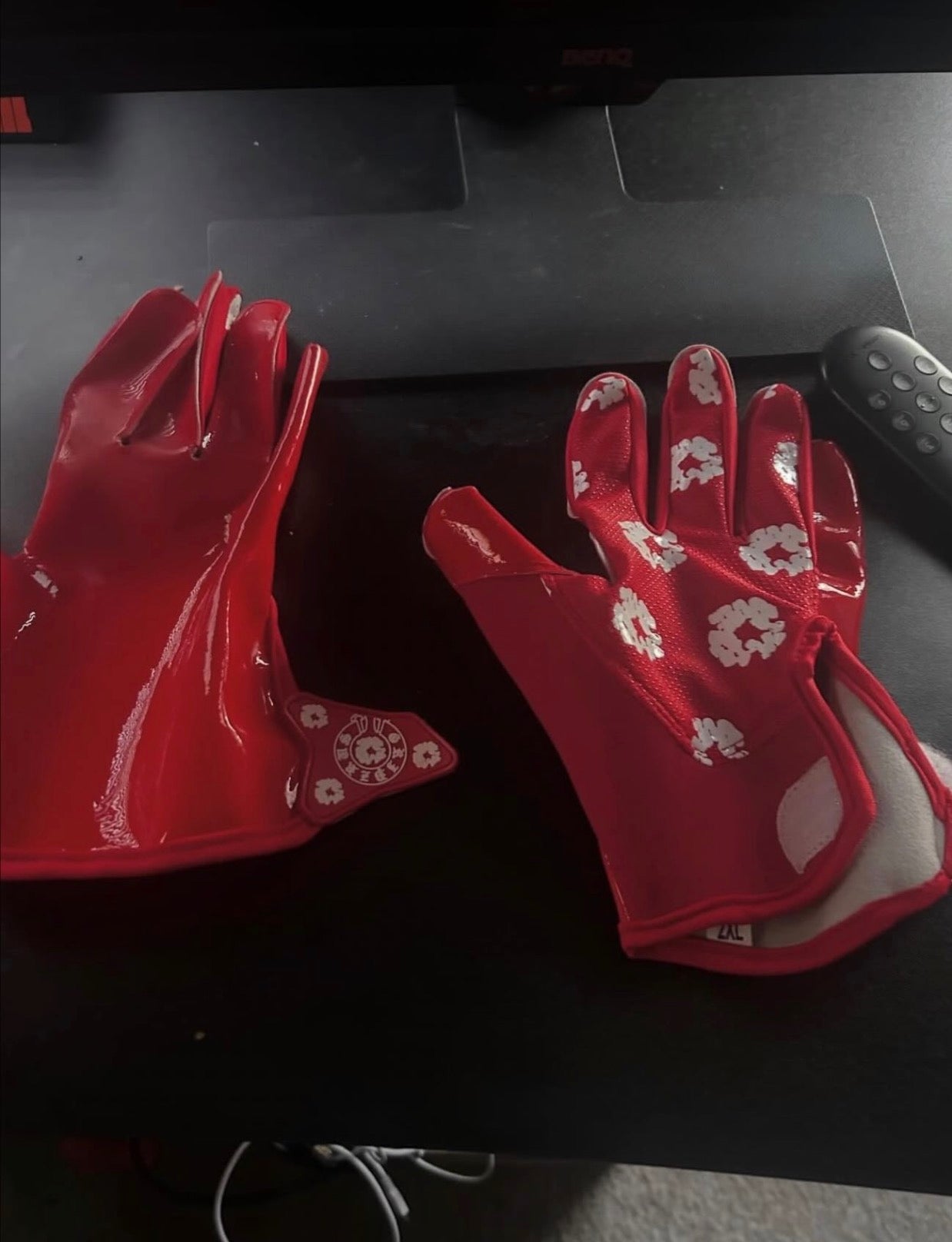 Battle Sports “Denim tears” football receiver gloves in a red colorway