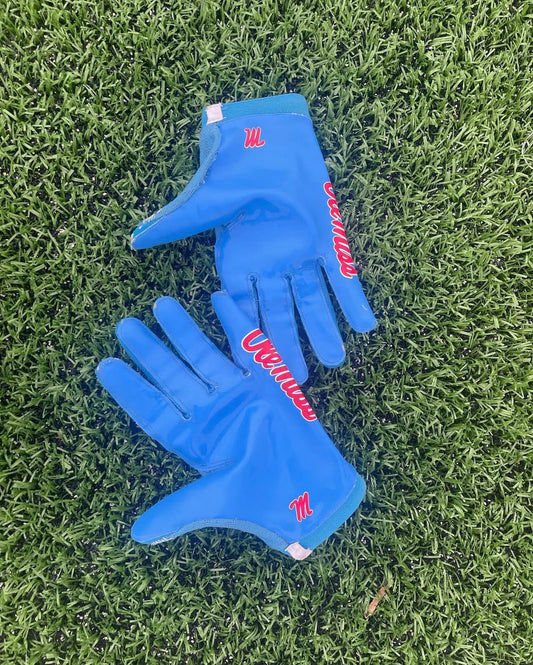 Nike Vapor Jet (likely 7.0 or 8.0) “Ole Miss Rebels” Powder Blue Player Exclusive (PE) receiver gloves.
