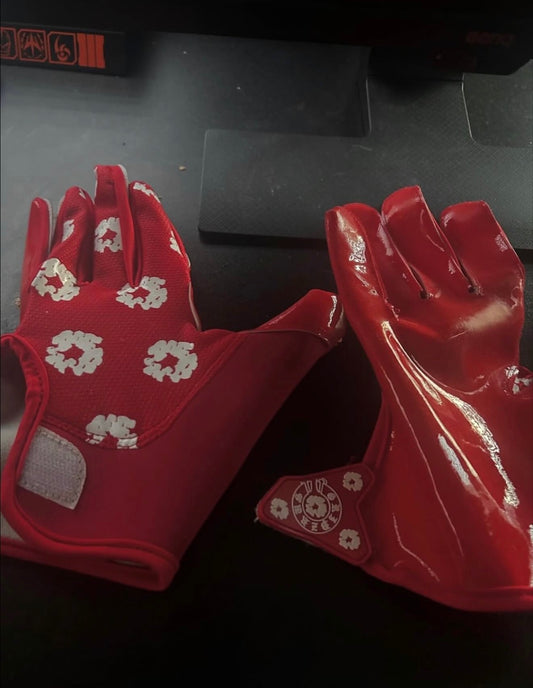 Battle Sports “Denim tears” football receiver gloves in a red colorway