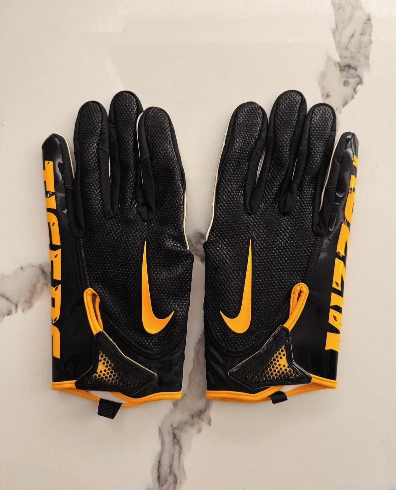 Nike Vapor Jet (likely 7.0 or 8.0) “Missouri Tigers” Blackout Player Exclusive (PE) receiver gloves.