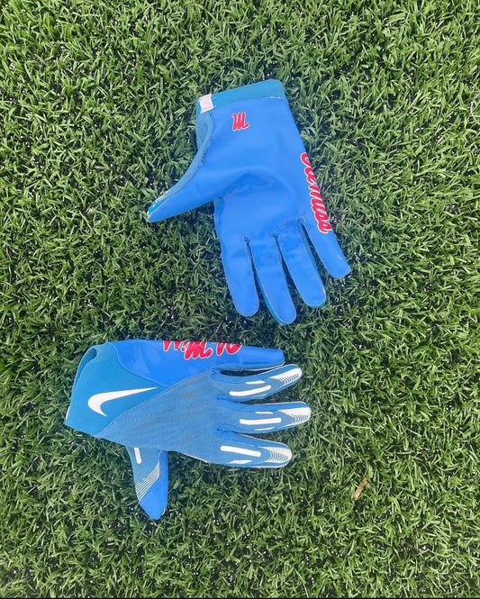 Nike Vapor Jet (likely 7.0 or 8.0) “Ole Miss Rebels” Powder Blue Player Exclusive (PE) receiver gloves.